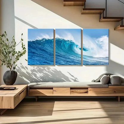3pcs Vibrant Blue Surf Ocean Wave Wall Art Set Canvas Framed 60x90cm - High Quality Print 100% Australian Made Wall Canvas Ready to Hang