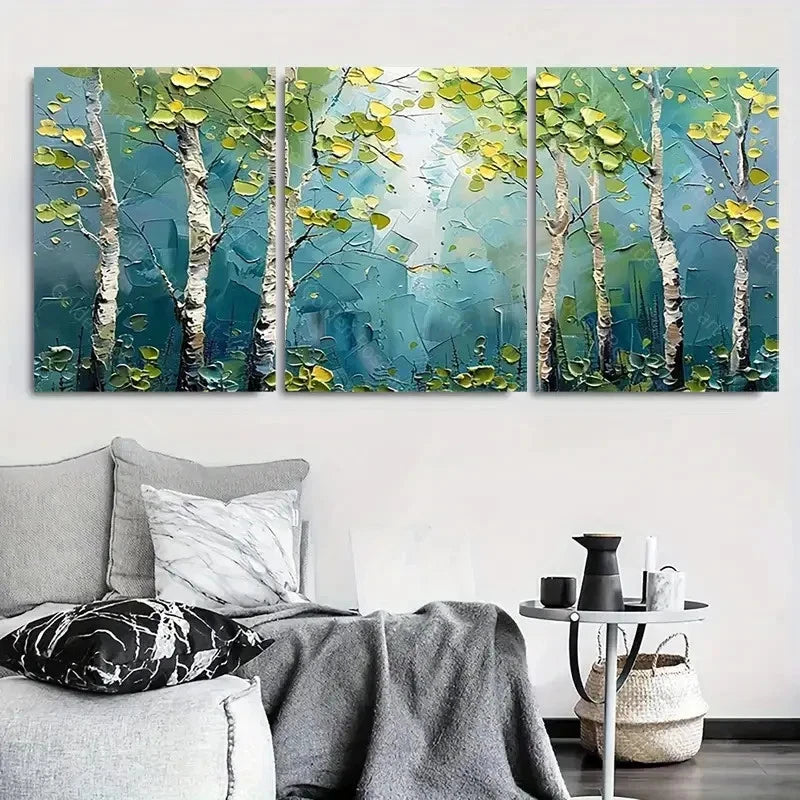 3pcs Abstract Birch Trees Spring Greenery Wall Art Set Canvas Framed 60x90cm - High Quality Print 100% Australian Made Wall Canvas Ready to Hang