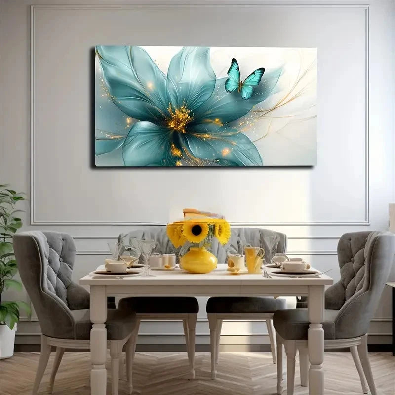 Blue Butterfly & Floral Design Wall Art Canvas Office Home Room Framed 120x60cm