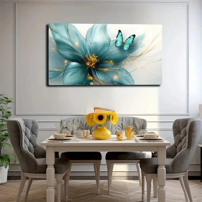 Blue Butterfly & Floral Design Wall Art Canvas Office Home Room Framed 120x60cm