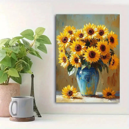 Beautiful Realistic Yellow Flowers in Blue Vase 40x60cm Metal Print Ready to Hang - Bella Home Decor