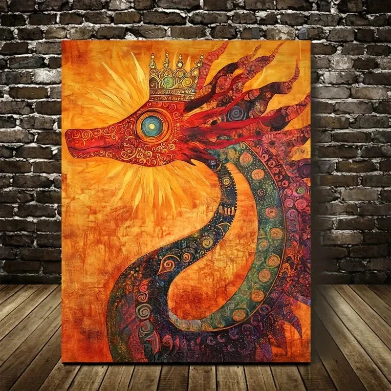 Vibrant Orange Red & Green Design Regal Sun Dragon 40x60cm Metal Print Ready to Hang - Bella Home Decor