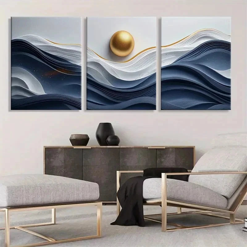 3pcs Blue and Golden Tones Waves Metal Print Ready to Hang Art - Bella Home Decor
