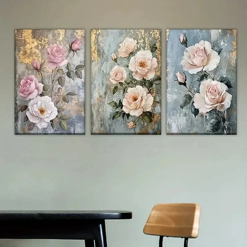 3pcs Elegant Pink Roses & Green Leaves Wall Art Set Canvas Unframed - High Quality Print 100% Australian Made Wall Canvas - Bella Home Decor