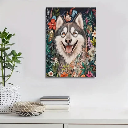Flowers And Plants Cute Alaskan Malamute Dog Painting 40x60cm Metal Print Ready to Hang - Bella Home Decor