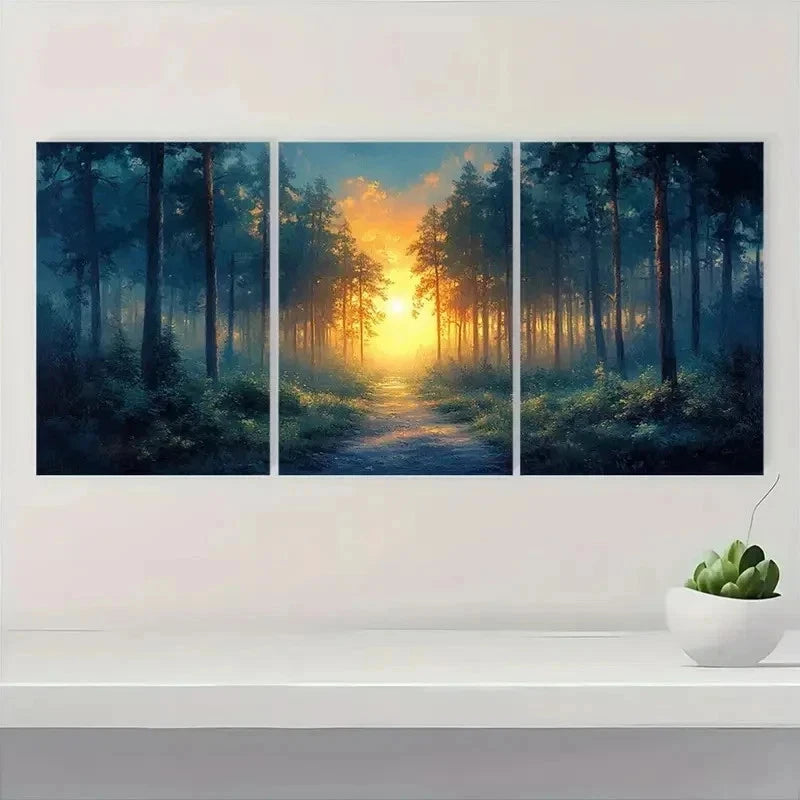 3pcs Forest Sunrise Greenery & Serene Path   Wall Art Set Canvas Framed 50x70cm - High Quality Print 100% Australian Made Wall Canvas Ready to Hang - Bella Home Decor
