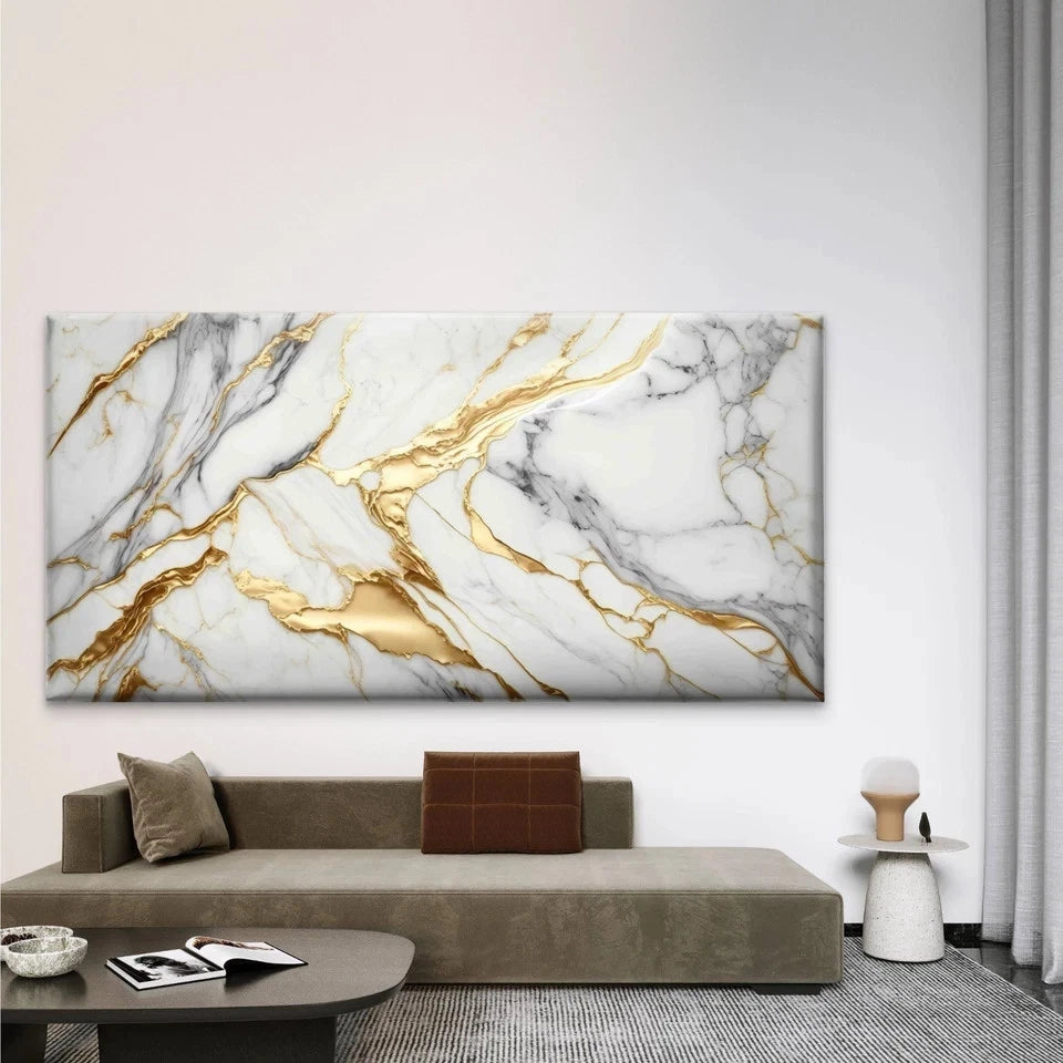 Natural White and Gold Marble Wall Art Canvas Office Home Room Framed 120x60cm