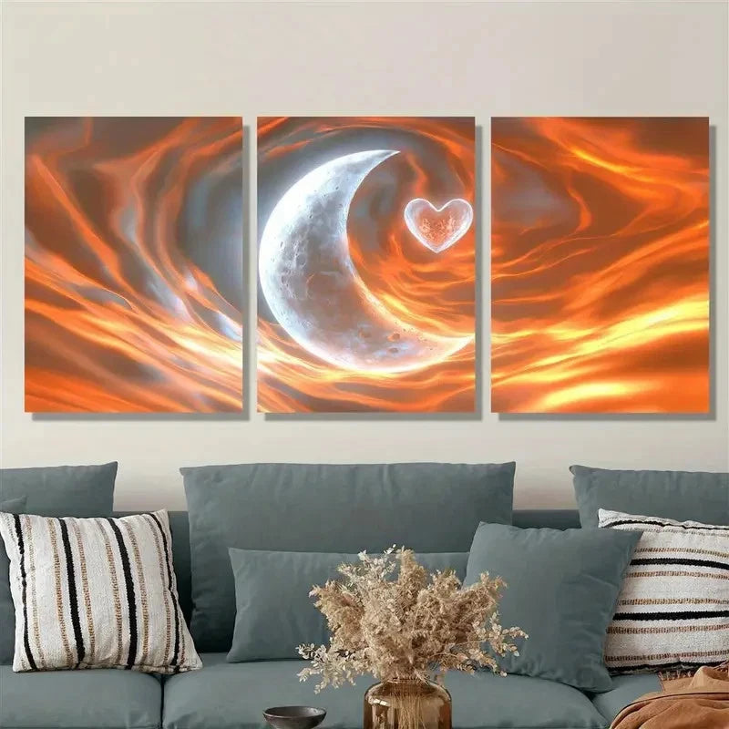 3pcs Moon and Heart Flame Background   Wall Art Set Canvas Framed 50x70cm - High Quality Print 100% Australian Made Wall Canvas Ready to Hang