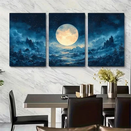 3pcs Simplistic Circular Night Sky Scene Wall Art Set Canvas Framed 40x60cm - High Quality Print 100% Australian Made Wall Canvas Ready to Hang - Bella Home Decor