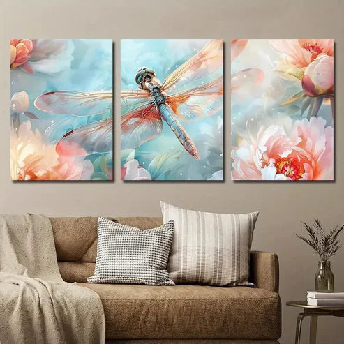 3pcs Vibrant Spring Flowers & Dragonfly Wall Art Set Canvas Unframed - High Quality Print 100% Australian Made Wall Canvas
