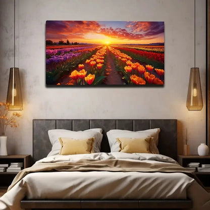Vibrant Sunset Flower Field Wall Art canvas office home room framed 120x60cm