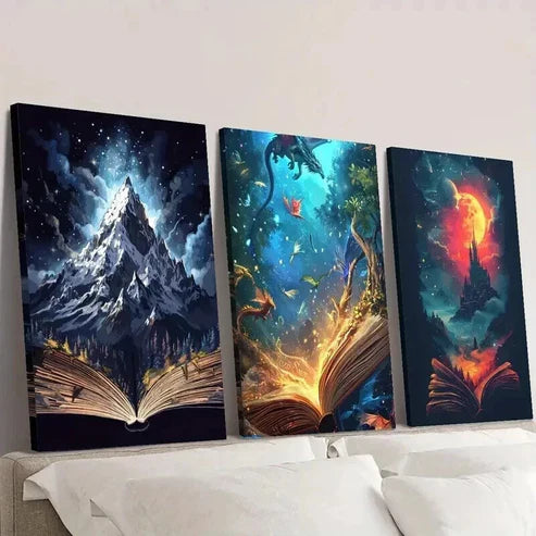 3pcs Mountains Vibrant Dragons & Red Castles Wall Art Set Canvas Unframed - High Quality Print 100% Australian Made Wall Canvas