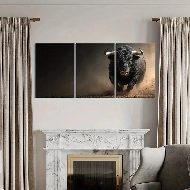 3pcs Black Bull Running Dusty Arena Art  Wall Art Set Canvas Framed 60x90cm - High Quality Print 100% Australian Made Wall Canvas Ready to Hang - Bella Home Decor