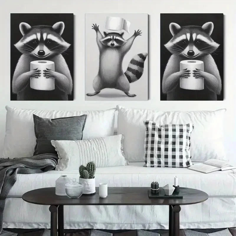 3pcs Raccoon Canvas     Wall Art Set Canvas Framed 50x70cm - High Quality Print 100% Australian Made Wall Canvas Ready to Hang - Bella Home Decor