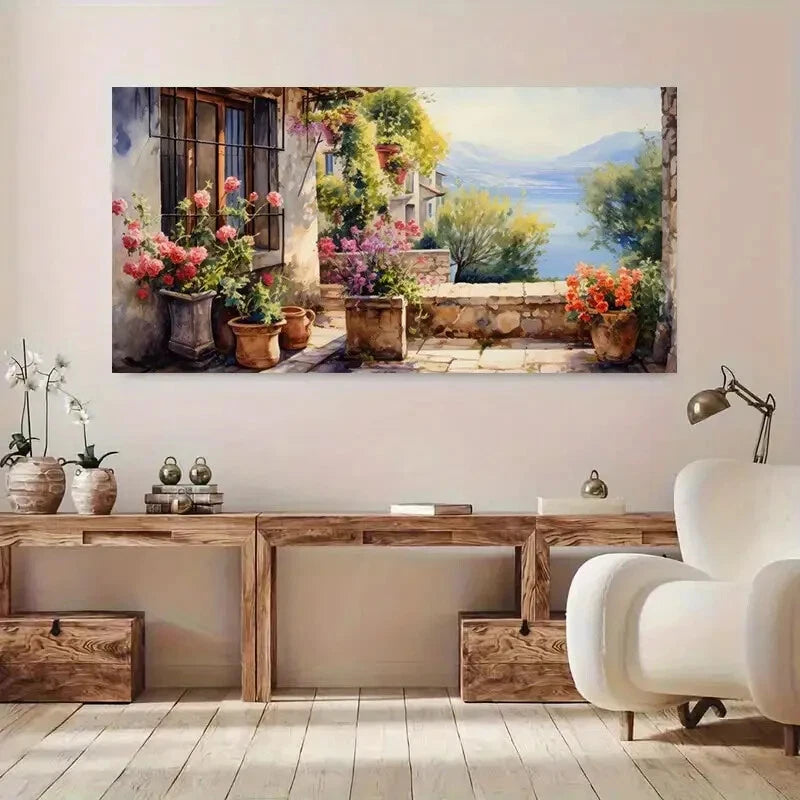Balcony Greenery Flowers wall canvas office home room framed 120x60cm - Bella Home Decor