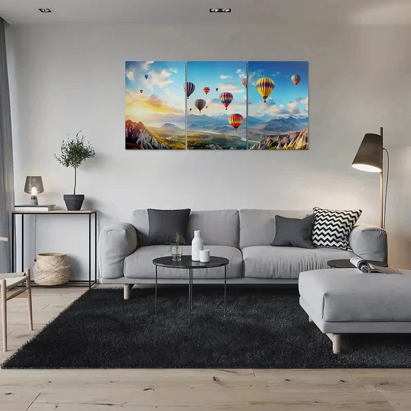 3pcs Colorful Hot Air Balloons Over Mountains Metal Print Ready to Hang Art - Bella Home Decor