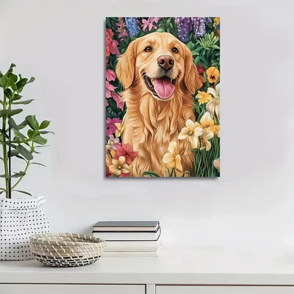 Flowers And Plants Cute Golden Retriever Painting 40x60cm Metal Print Ready to Hang
