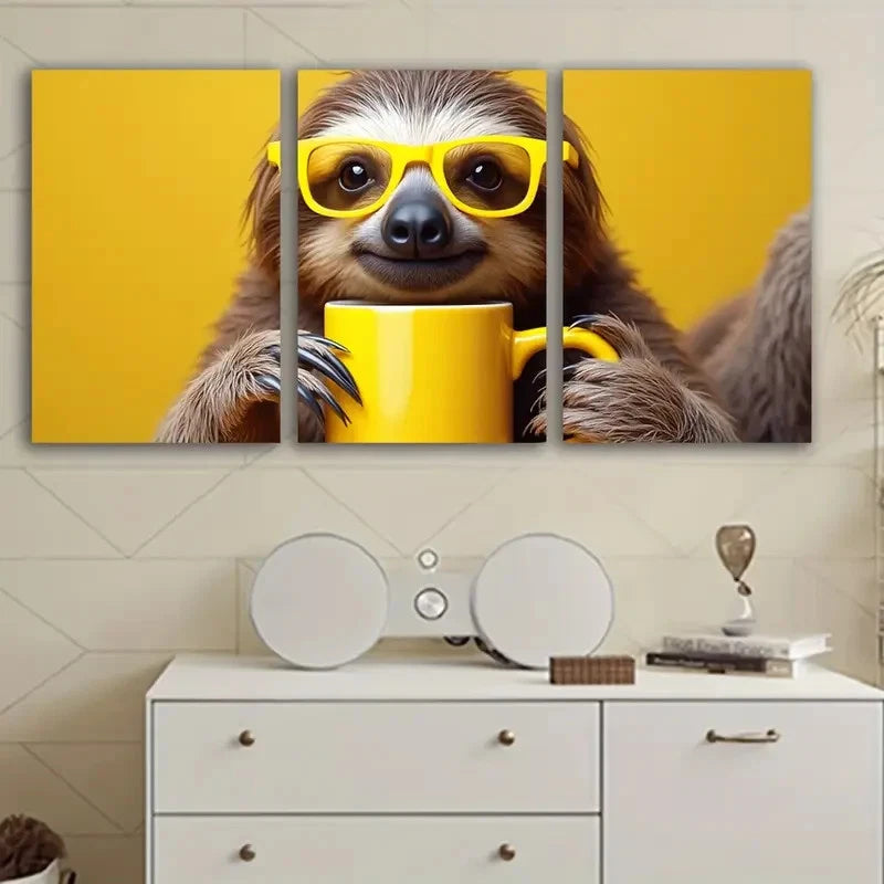 3pcs Lazy Sloth In Glasses Wall Art Set Canvas Framed 60x90cm - High Quality Print 100% Australian Made Wall Canvas Ready to Hang