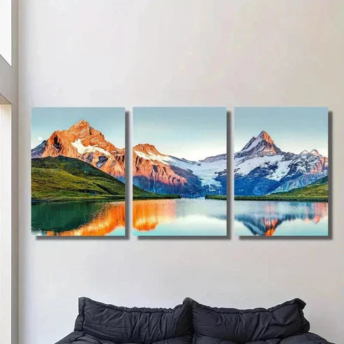 3pcs Snow Mountains Lake & Sunset Painting Wall Art Canvas Unframed - High Quality Print 100% Australian Made Wall Canvas