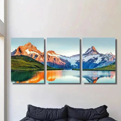 3pcs Snow Mountains Lake & Sunset Painting Wall Art Canvas Unframed - High Quality Print 100% Australian Made Wall Canvas