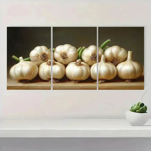 3pcs Realistic White Garlic & Green Wall Art Set Canvas Unframed – High Quality Print, 100% Australian Made Wall Canvas - Bella Home Decor