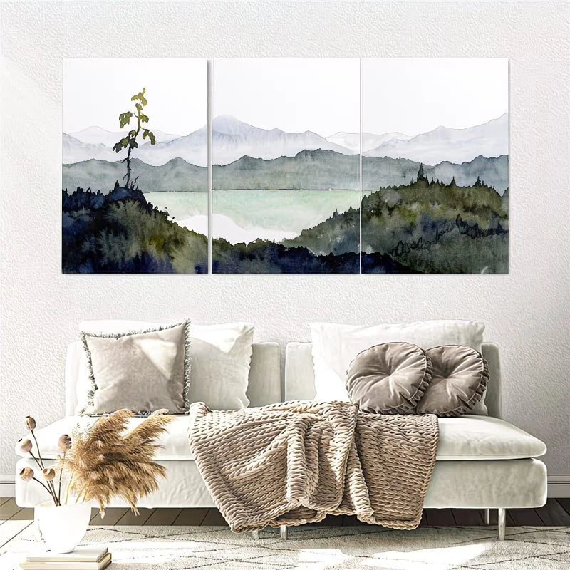 3pcs Abstract Forest Mountain Lake Wall Art Set Canvas Framed 60x90cm - High Quality Print 100% Australian Made Wall Canvas Ready to Hang