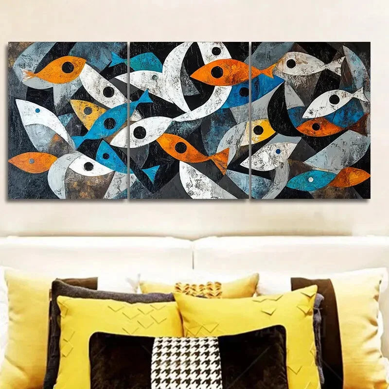 3pcs Blue White & Orange Geometric Patterns Metal Print Ready to Hang Art - Bella Home Decor