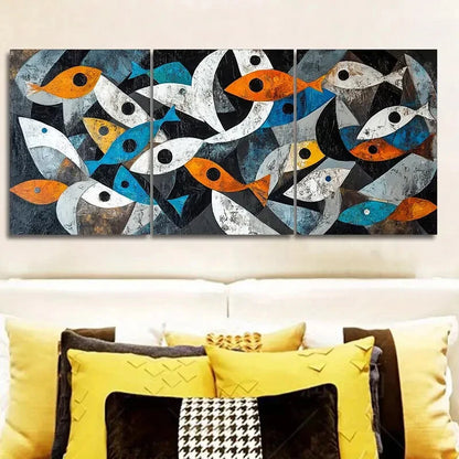 3pcs Blue White & Orange Geometric Patterns Metal Print Ready to Hang Art - Bella Home Decor