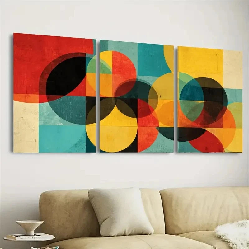 3pcs Colorful Geometric Shapes Century Modern Art Wall Art Set Canvas Framed 60x90cm - High Quality Print 100% Australian Made Wall Canvas Ready to Hang - Bella Home Decor