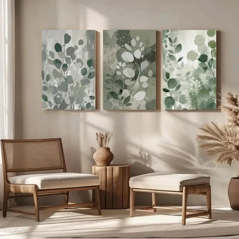 3pcs Sage Green Botanical Abstract Green Leaves Metal Print Ready to Hang Art