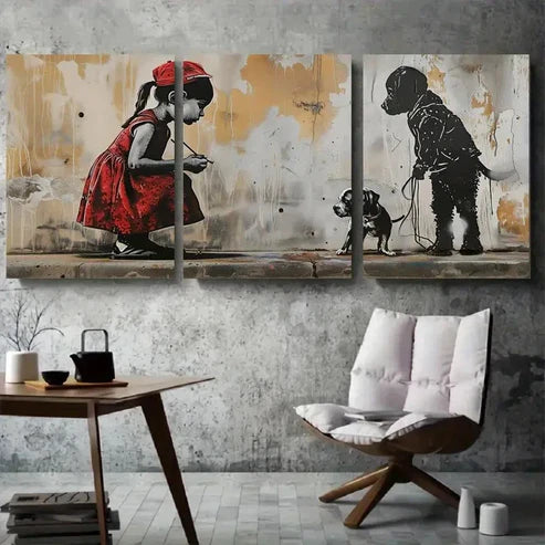 3pcs Street Art Girl with Dog Wall Art Canvas Unframed - High Quality Print 100% Australian Made Wall Canvas