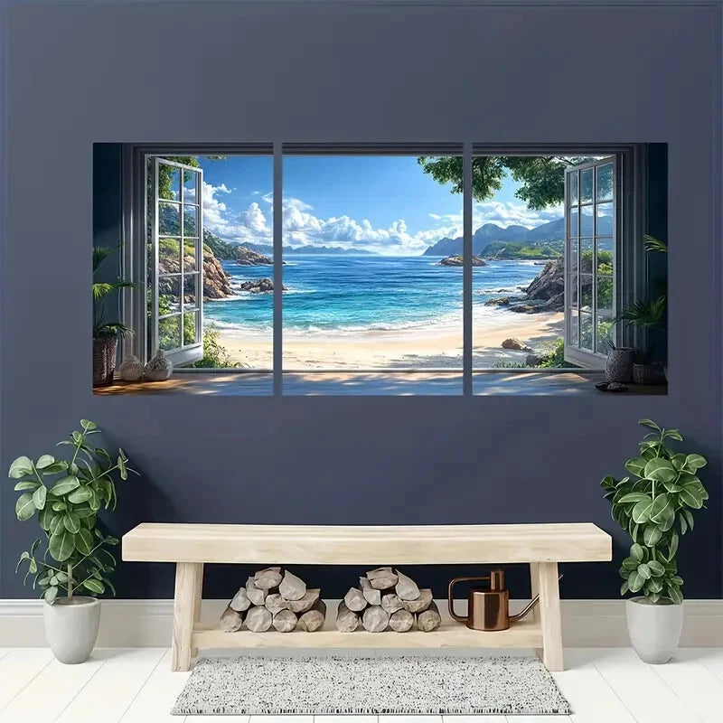 3pcs Seascape Tropical Beach Window View Wall Art Set Canvas Framed 50x70cm - High Quality Print 100% Australian Made Wall Canvas Ready to Hang