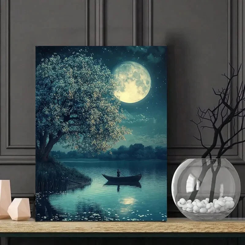 Moonlit Water Serene Vintage Style Painting 40x60cm Metal Print Ready to Hang - Bella Home Decor