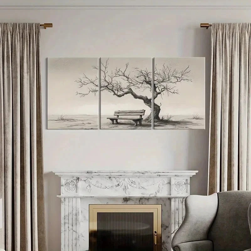 3pcs Black & White Tree Bench Landscape Wall Art Set Canvas Framed 60x90cm - High Quality Print 100% Australian Made Wall Canvas Ready to Hang - Bella Home Decor