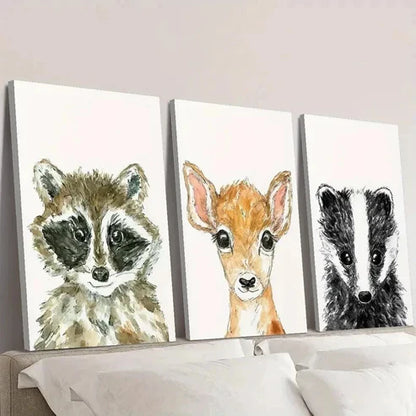 3pcs Baby Raccoon Cute Deer and Badger Wall Art Set Canvas Unframed - High Quality Print 100% Australian Made Wall Canvas - Bella Home Decor