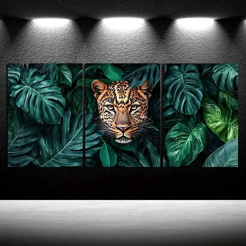 3pcs Leopard Lush Green Leaves Animal Themed Metal Print Ready to Hang Art - Bella Home Decor