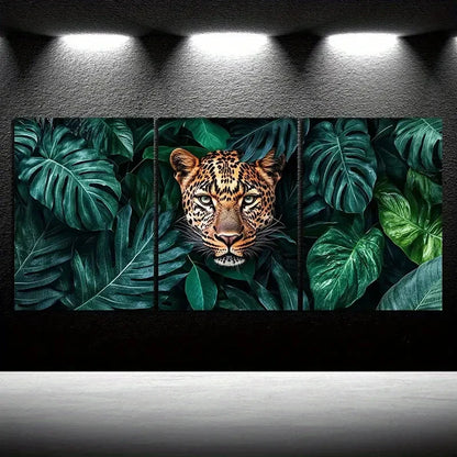 3pcs Leopard Lush Green Leaves Animal Themed Metal Print Ready to Hang Art - Bella Home Decor