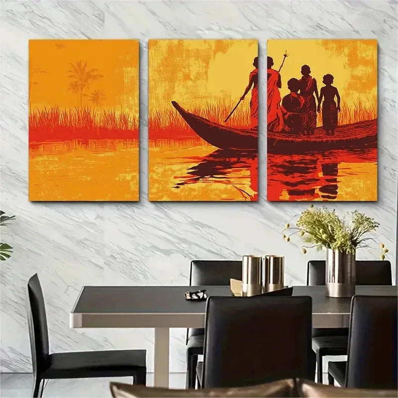 3pcs Traditional Boat Scene Palm Tree Perfect Wall Art Set Canvas Framed 50x70cm - High Quality Print 100% Australian Made Wall Canvas Ready to Hang
