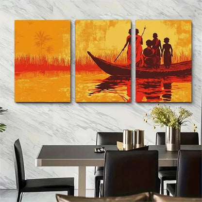 3pcs Traditional Boat Scene Palm Tree Perfect Wall Art Set Canvas Framed 50x70cm - High Quality Print 100% Australian Made Wall Canvas Ready to Hang