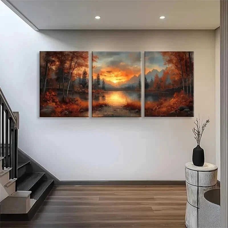 3pcs Sunset Lake Autumn Forest Orange Perfect Wall Art Set Canvas Framed 60x90cm - High Quality Print 100% Australian Made Wall Canvas Ready to Hang