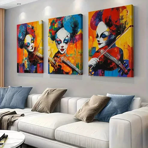 3 PCS Colorful Clown Violinist Artistic Atmosphere Wall Art Set Canvas Unframed - High Quality Print 100% Australian Made Wall Canvas - Bella Home Decor