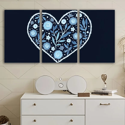 3pcs Blue Heart with Blue Flowers Wall Art Set Canvas Framed 60x90cm - High Quality Print 100% Australian Made Wall Canvas Ready to Hang - Bella Home Decor