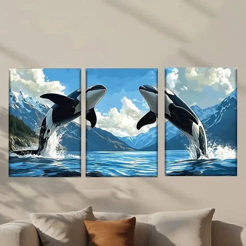 3pcs Two Killer Whales Jumping Out Wall Art Canvas Unframed - High Quality Print 100% Australian Made Wall Canvas