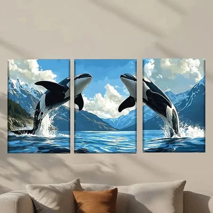 3pcs Two Killer Whales Jumping Out Wall Art Canvas Unframed - High Quality Print 100% Australian Made Wall Canvas