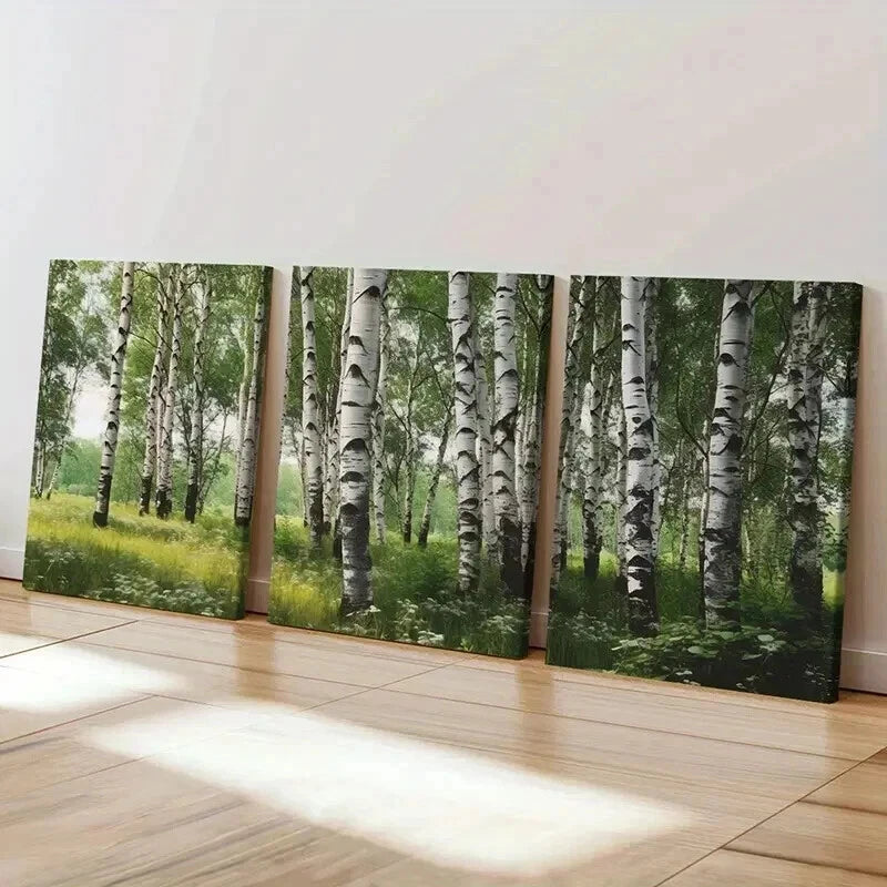 3pcs Birch Forest Lush Green Foliage Wall Art Set Canvas Framed 50x70cm - High Quality Print 100% Australian Made Wall Canvas Ready to Hang - Bella Home Decor