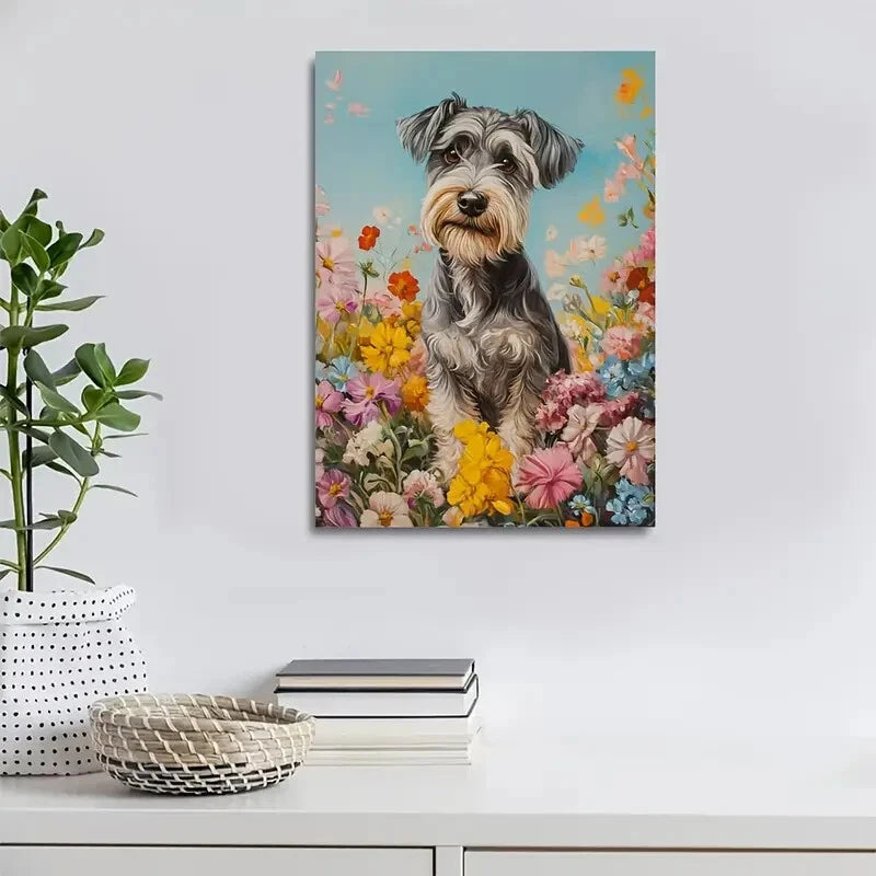 Cute Schnauzer Dog Among Flowers And Plants Painting 40x60cm Metal Print Ready to Hang