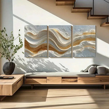 3pcs Abstract Wavy Lines Art Cream Golden Colors Metal Print Ready to Hang Art