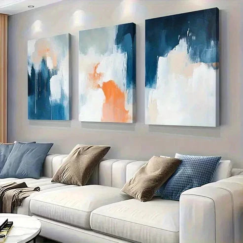 3pcs Blue Orange & White Modern Abstract  Wall Art Set Canvas Unframed - High Quality Print 100% Australian Made Wall Canvas - Bella Home Decor