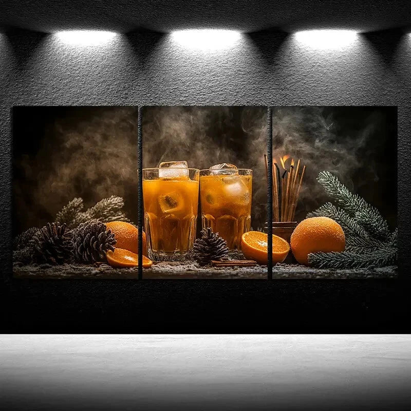 3pcs Fruits Pinecone And Orange Juice Metal Print Ready to Hang Art - Bella Home Decor