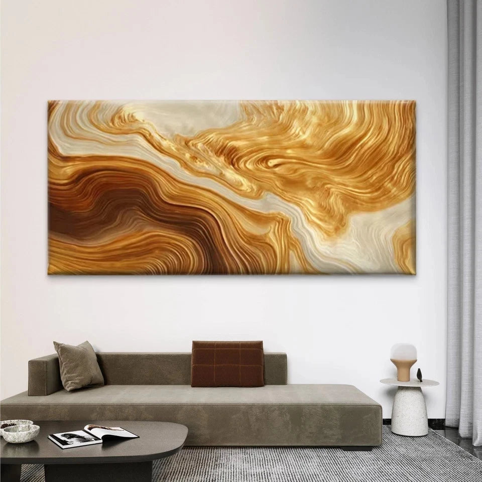Abstract Fluid Golden Wall Art Canvas Office Home Room Framed 120x60cm